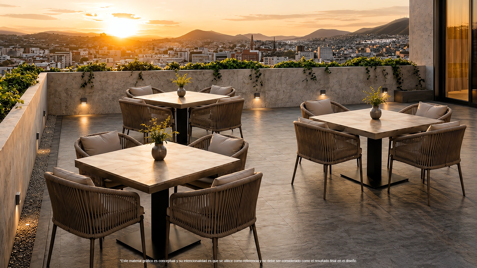 Rooftop dining area at sunset with marble tables, wicker chairs, and a city view.