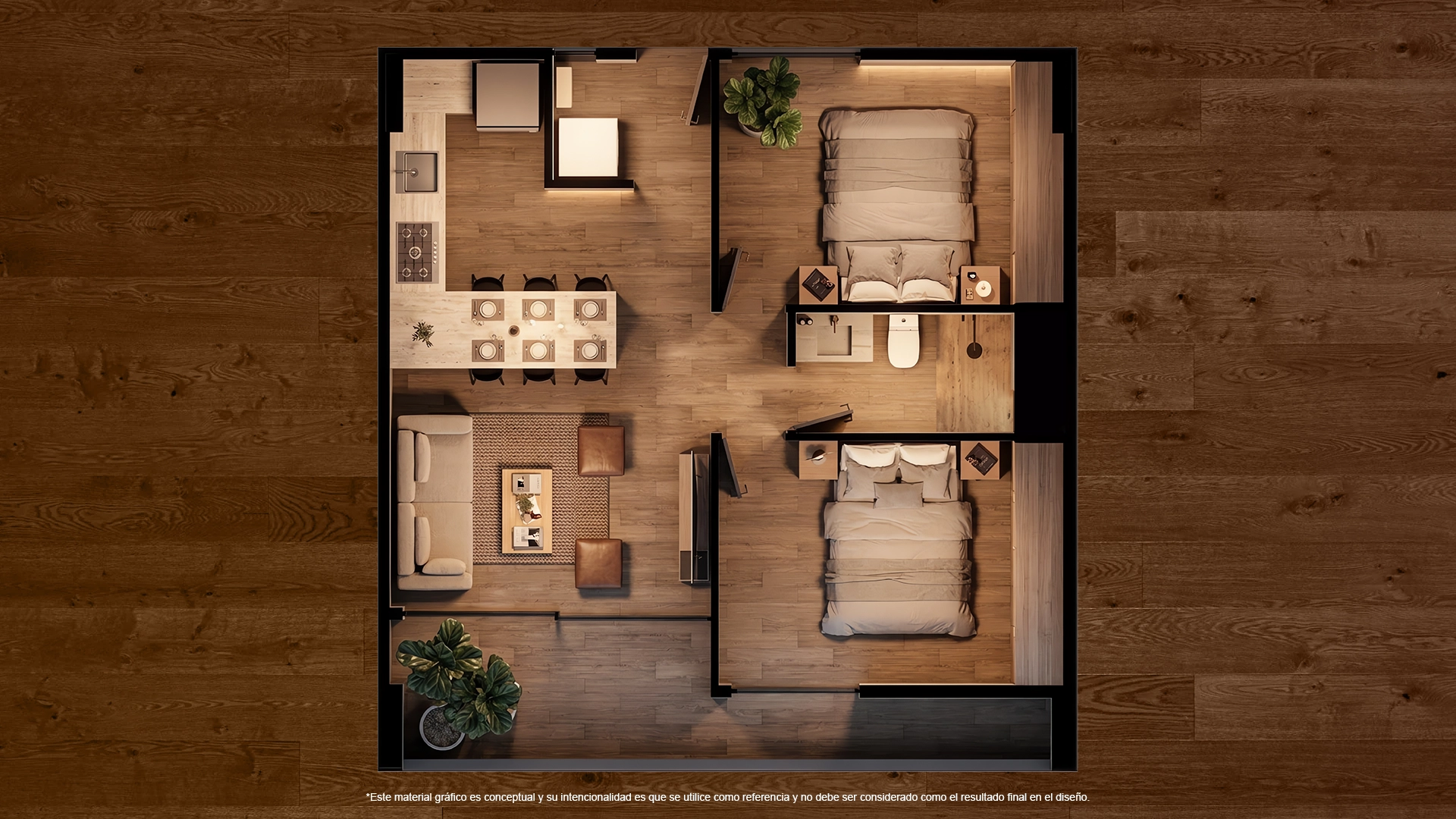 Vista cenital de un apartamento moderno con zona de estar y comedor de concepto abierto, cocina, dos dormitorios y un baño.