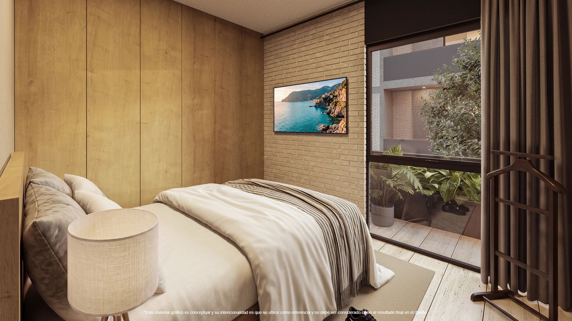 Modern bedroom with a brick accent wall, wooden wall panels, and a wall-mounted TV facing a white bed with neutral linens. Balcony window with plants visible outside.