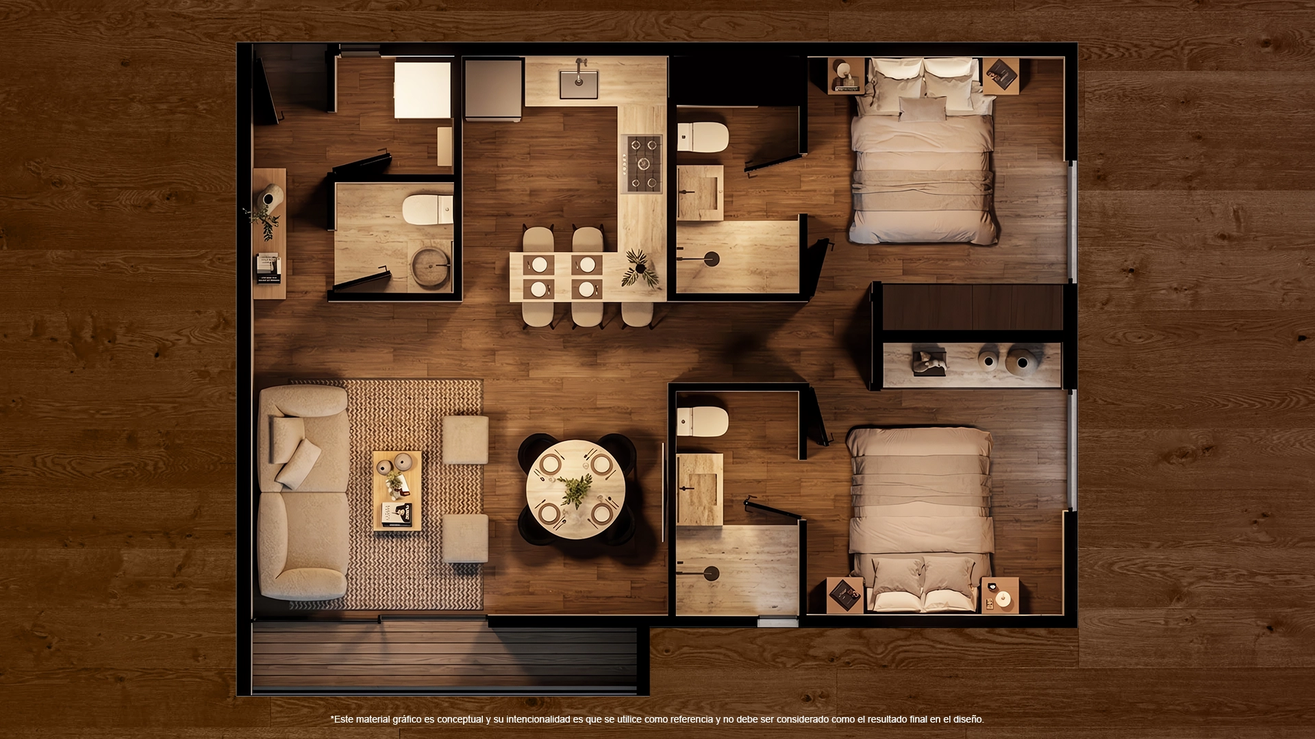 Top-down view of a modern apartment floor plan, showing a living room, dining area, kitchen, and three bedrooms with two bathrooms.