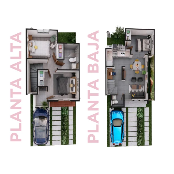 Top-down view of two apartment floor plans side by side, showing bedrooms, living areas, kitchens, and outdoor spaces with a pink 'PLANTA' watermark along the sides.