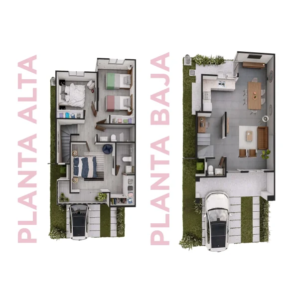 Top-down 3D render of two house floor plans side by side, showing interior rooms, furniture and outdoor space labeled PLAN A and PLAN B
