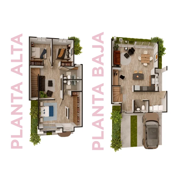 3D floor plan showing two adjacent apartments with living areas, bedrooms, kitchen, and outdoor spaces along a landscaped garden.